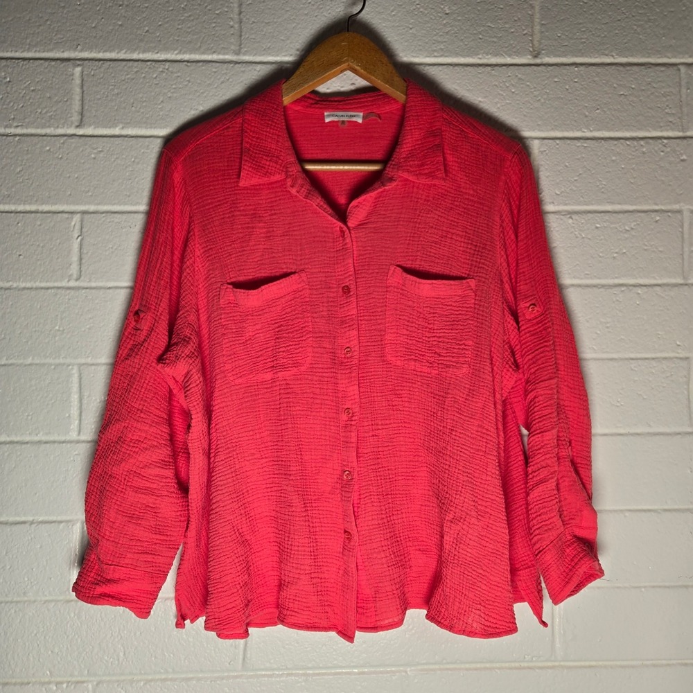 Calvin Klein Womens Blouse Gauze Cotton 2X Roll Tab Resort Bright Beachy Classic